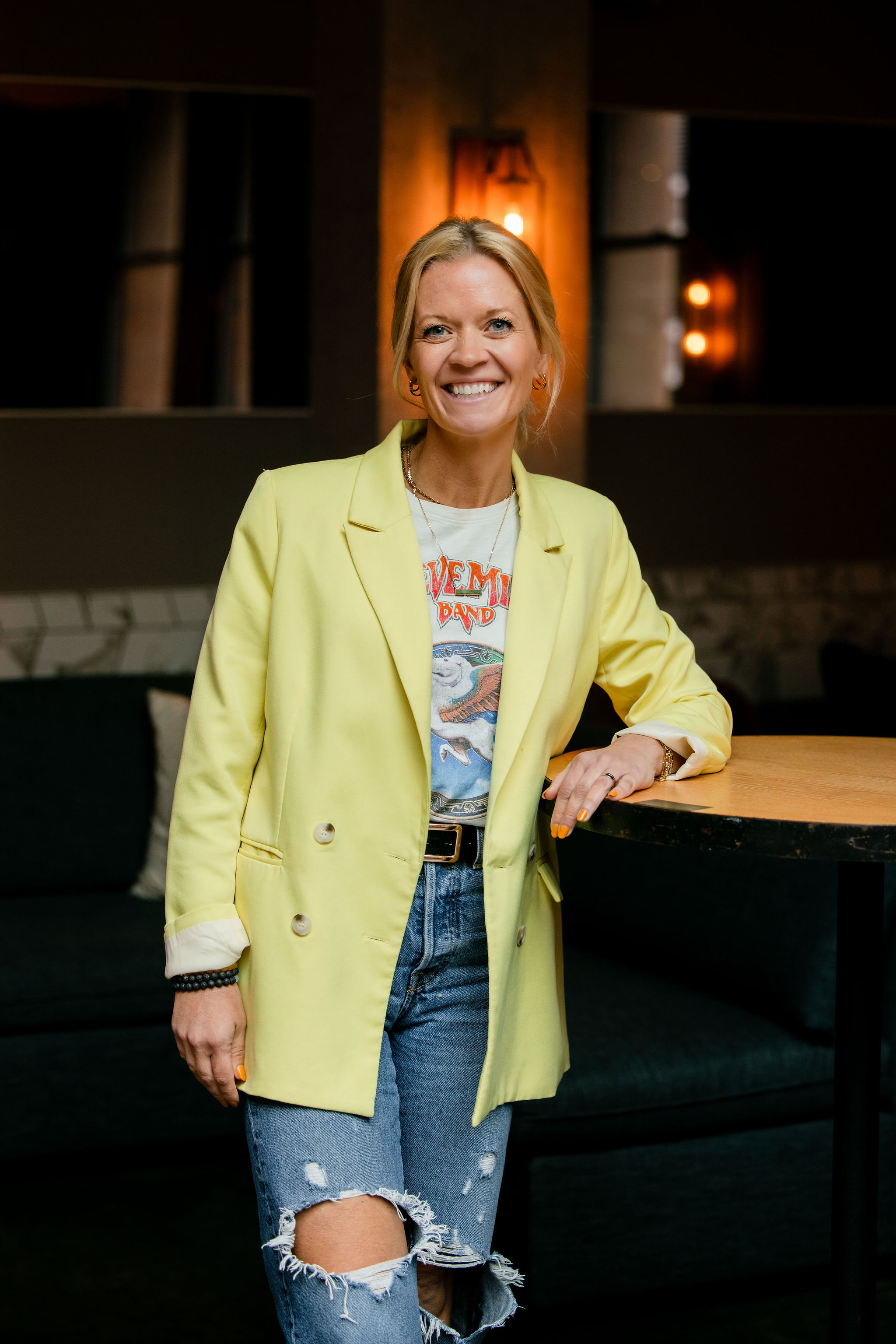 Morgan in a yellow blazer